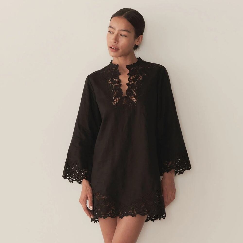 NWT Doen Roselie Linen Lace Crochet Collar 3/4 Sleeve Tunic Mini Dress Black - Picture 5 of 16